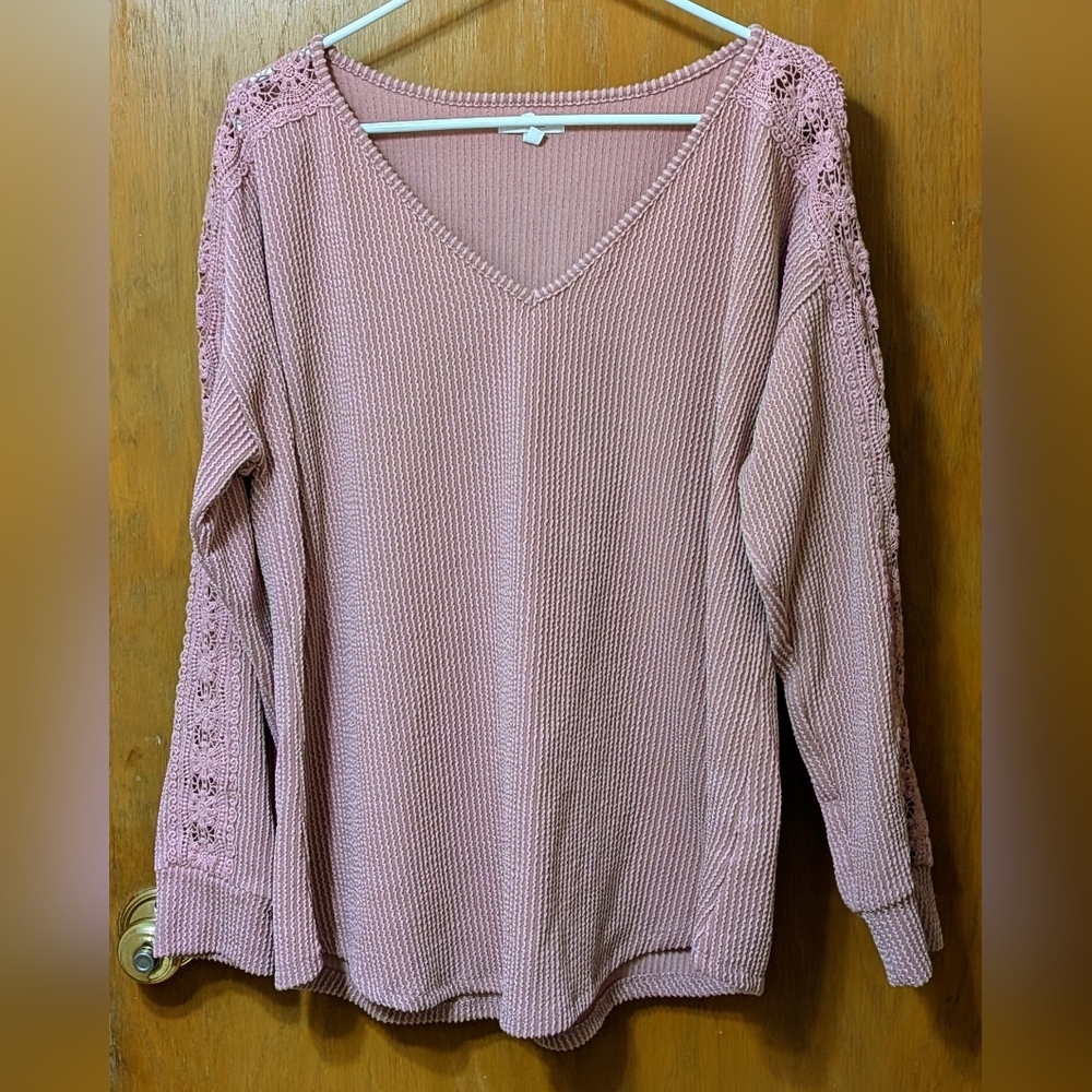 Maurices Women's Ribbed Knit Top with Lace Long Sleeves Dusty Rose Pink Size XL